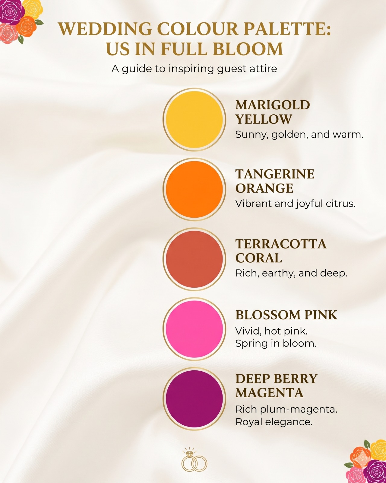Suggested guest colours: blush pink, sage green, lavender, peach, coral, and buttery yellow